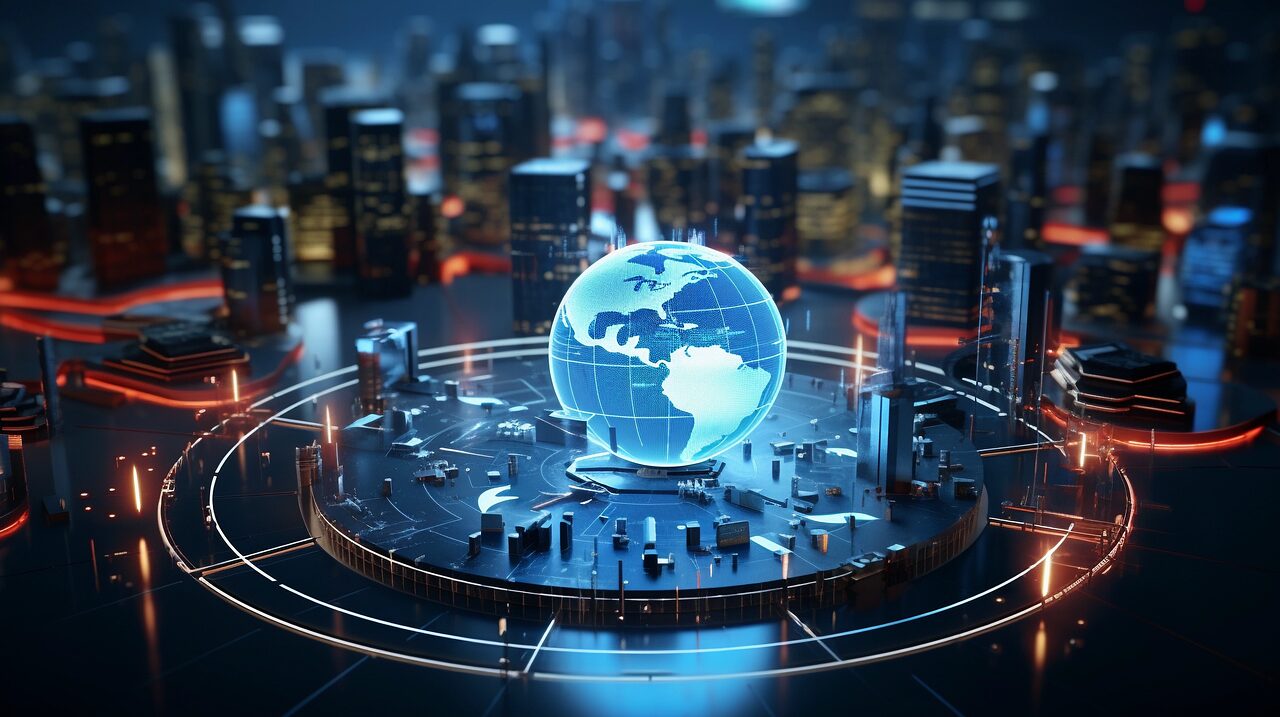 Futuristic miniature city encircling a glowing holographic globe centerpiece.