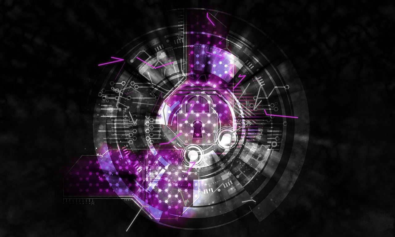Abstract purple cyber-lock icon at the center of a technological HUD interface.