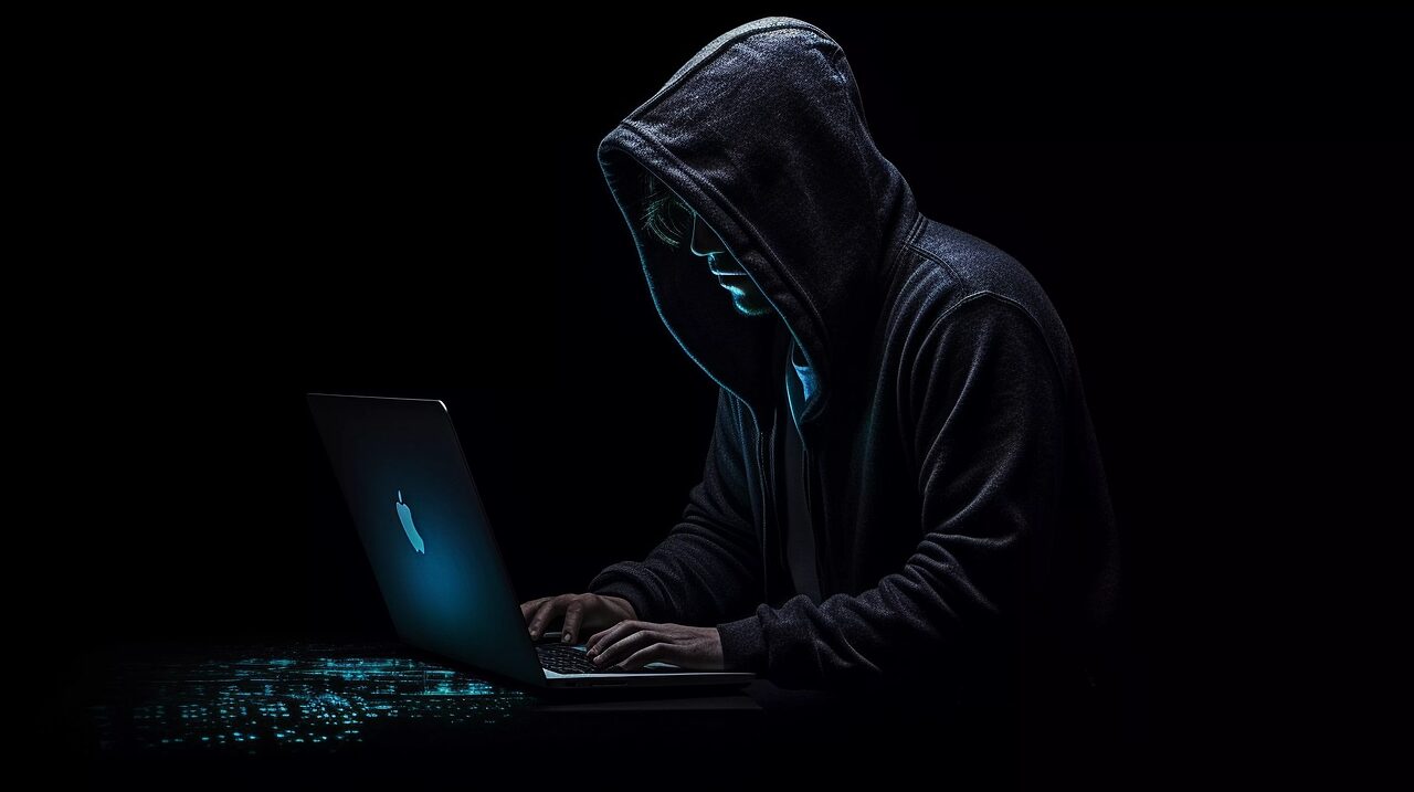 Hooded hacker typing on an illuminated laptop in a dark cyber setting.