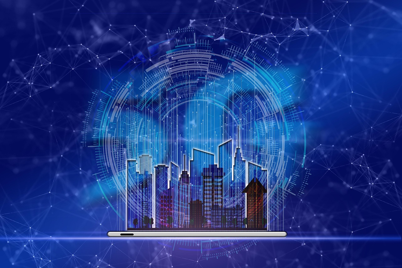 Stylized cityscape emerging from a laptop against a blue tech network halo.