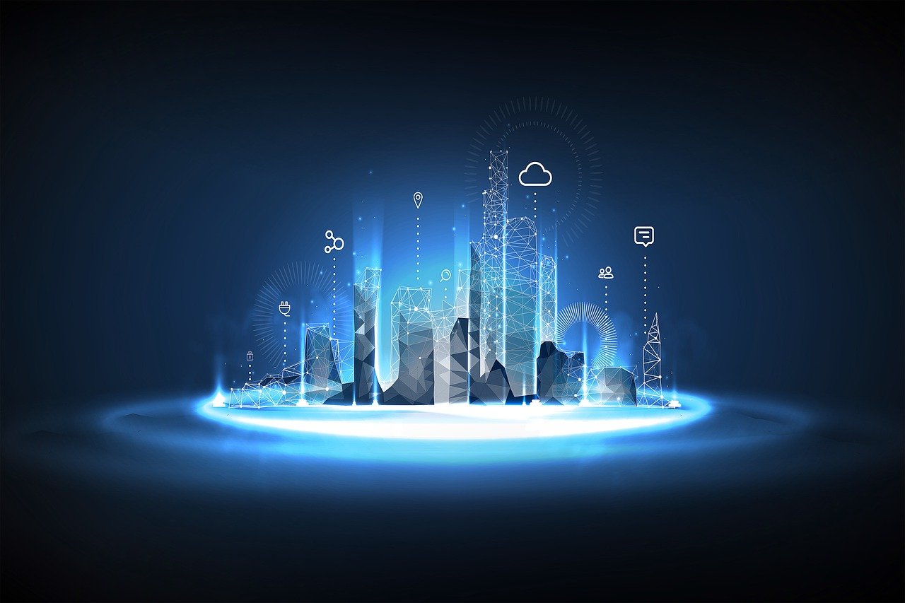 Low-poly smart city skyline glowing on a dark background with connected IoT icons.